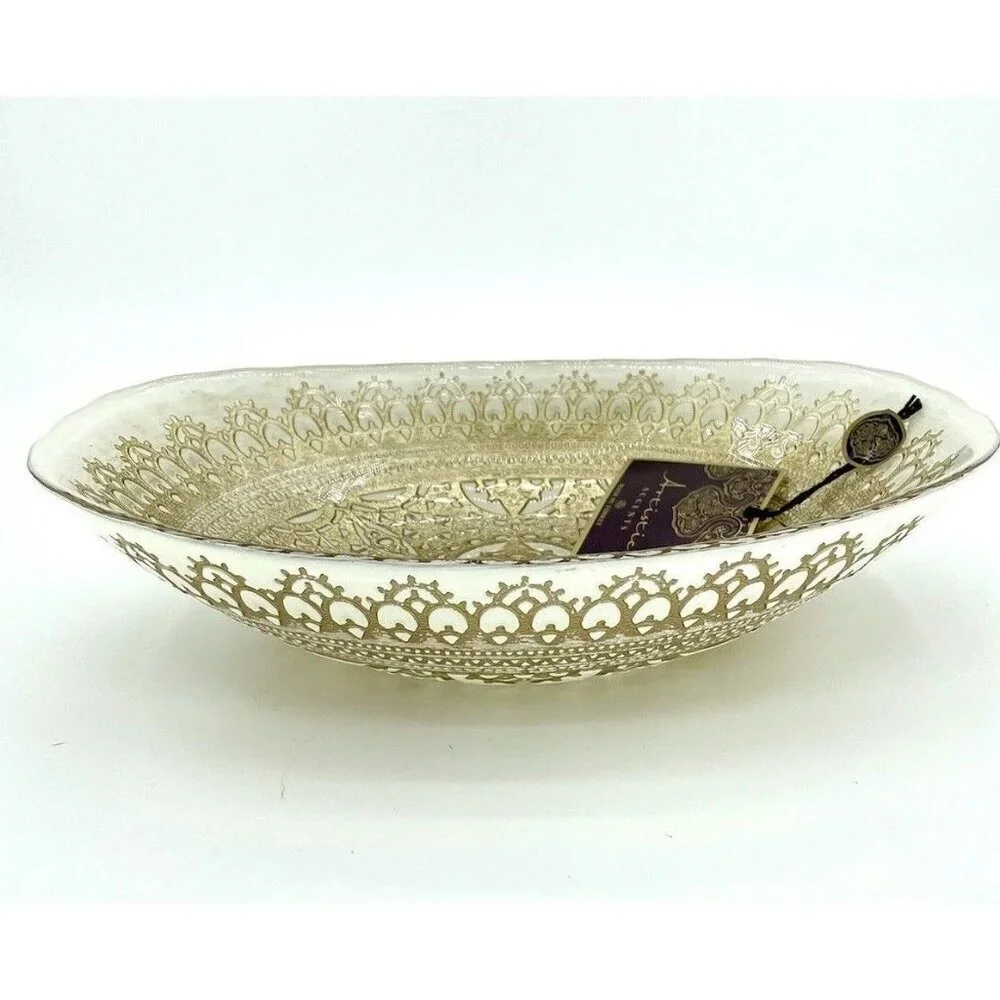 Artistic Accents White Glass Oval Bowl Serving Salad Gold Lace Handmade NWT